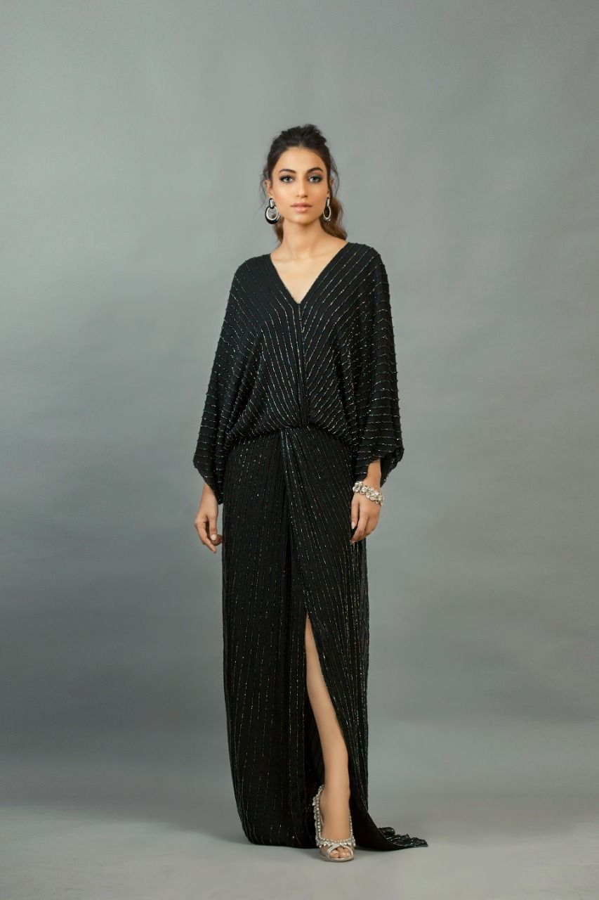 Black Bugle Beaded Embellished Kaftan