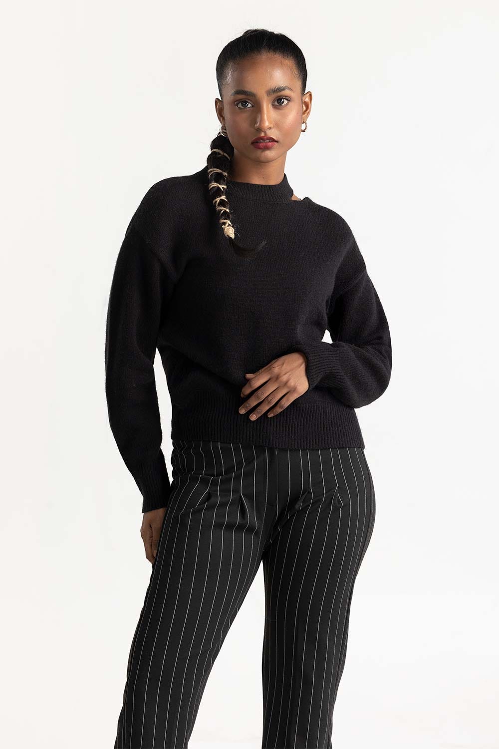 Black Shoulder Cutout Sweater