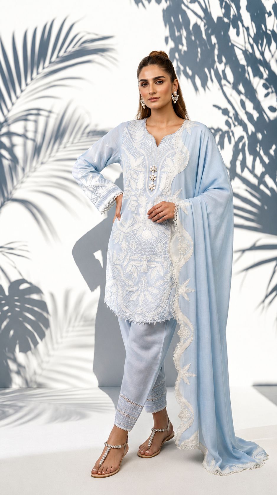 Blue and White Embroidered Short Tunic, Shalwar with Embroidered Chiffon Dupatta