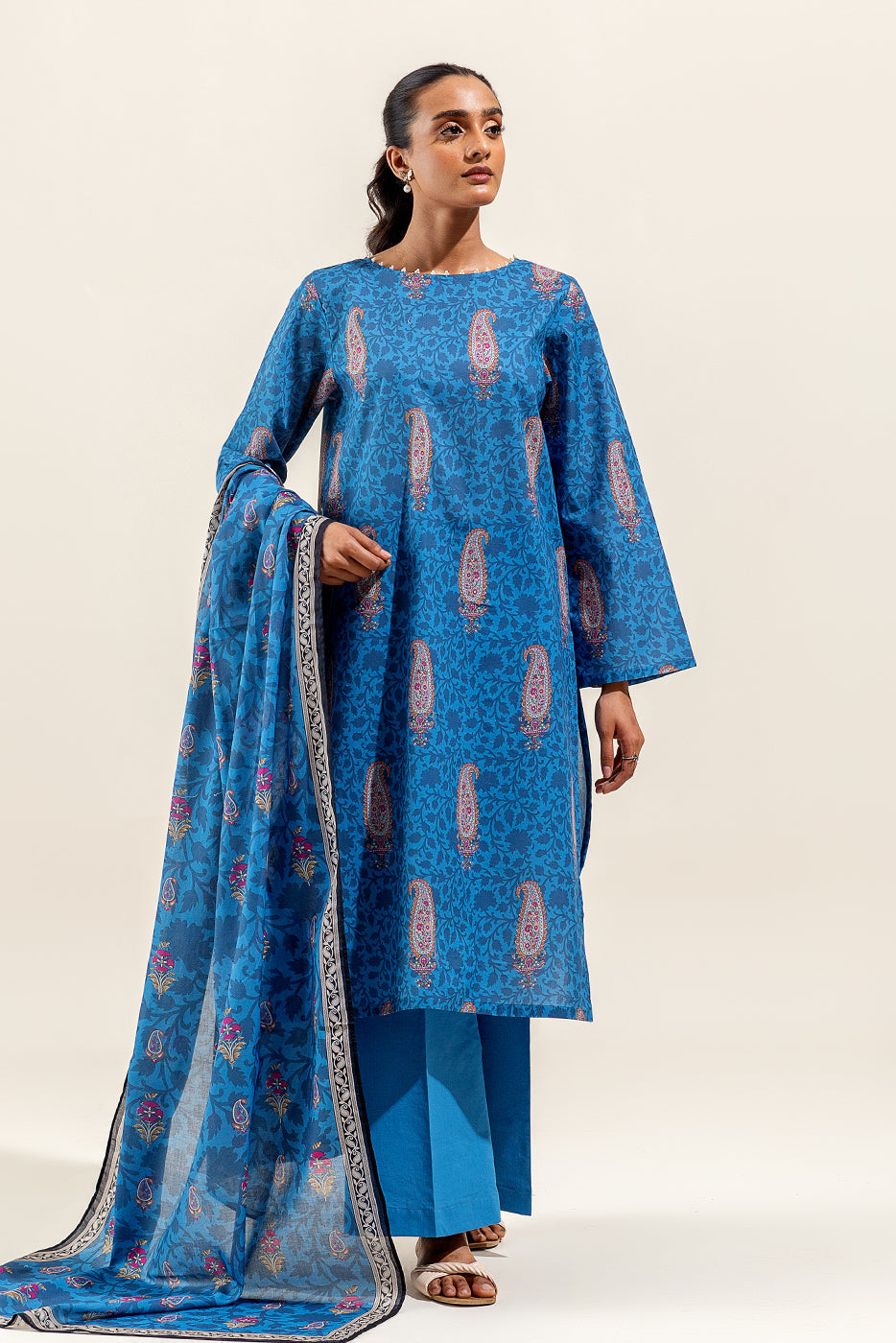3 Piece Printed Suit-Aegean Sand (Unstitched)