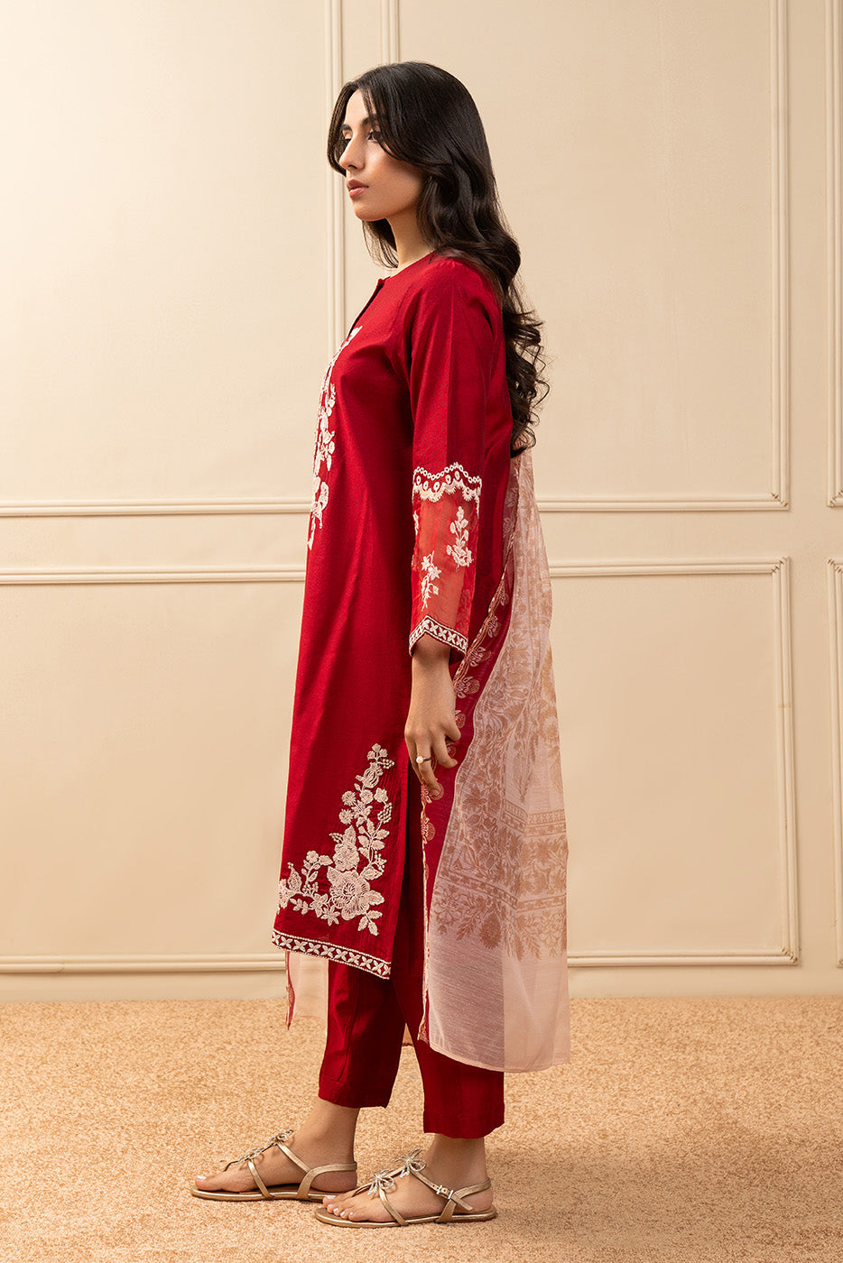 3 PIECE EMBROIDERED TWO TONE SUIT (PRET)BT1250003PR0208-RED-2000000281395-8