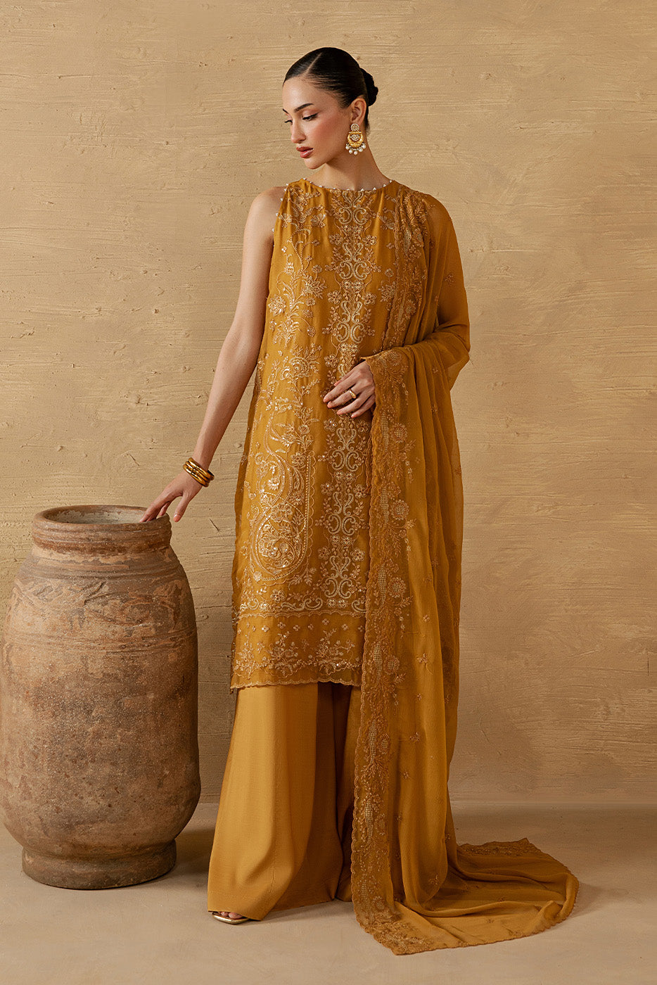 4 PIECE EMBROIDERED CHIFFON SUIT-GOLD SECRET (LUXURY UNSTITCHED)