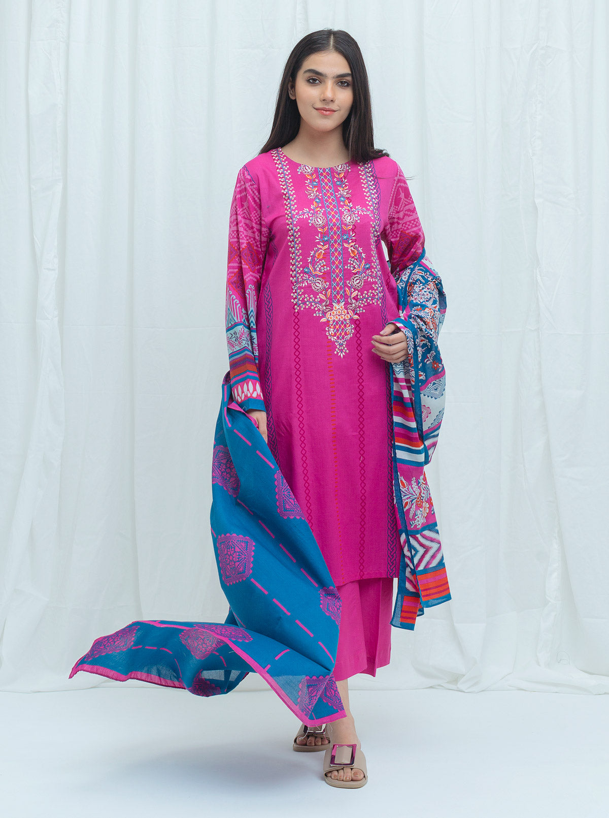 Fuchsia Punk-Embroidered-3P (Unstitched)