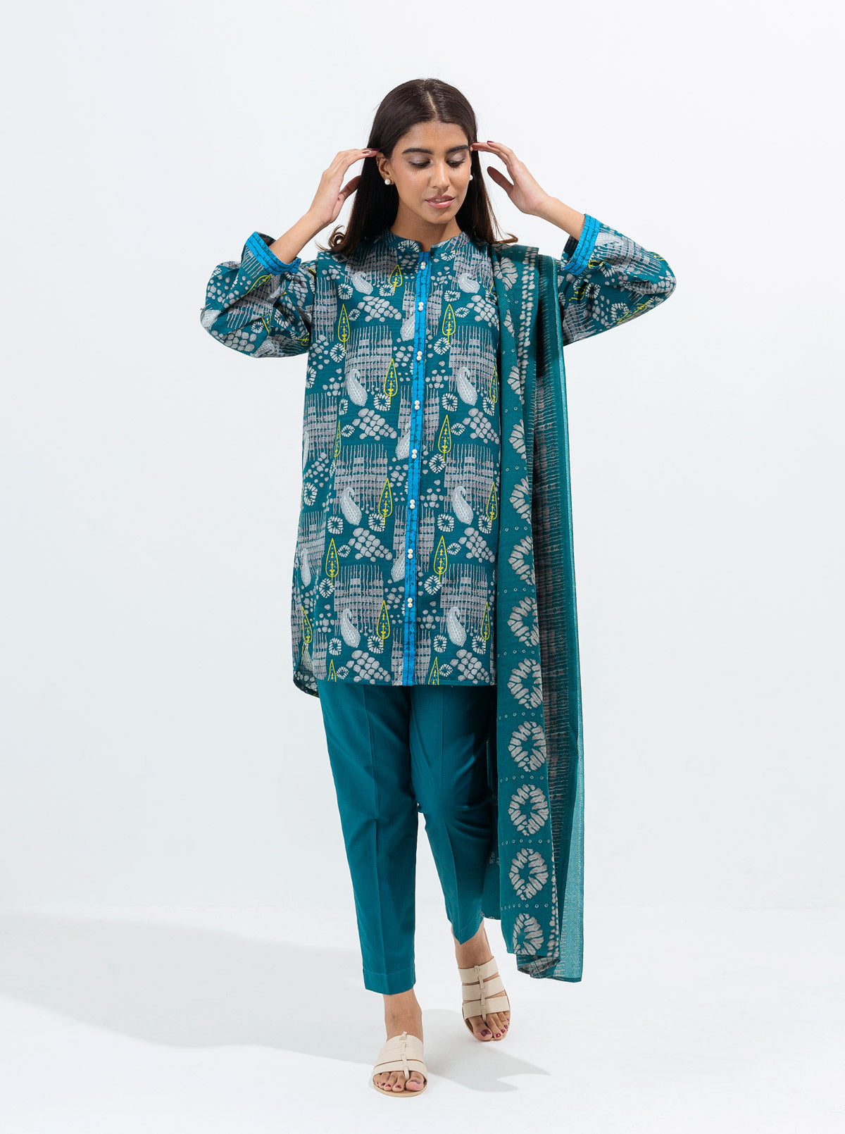 DUSTY BLUE-PRINTED WITH SHAWL-3PBT1W21U71-BLUE-2000000177131-3P
