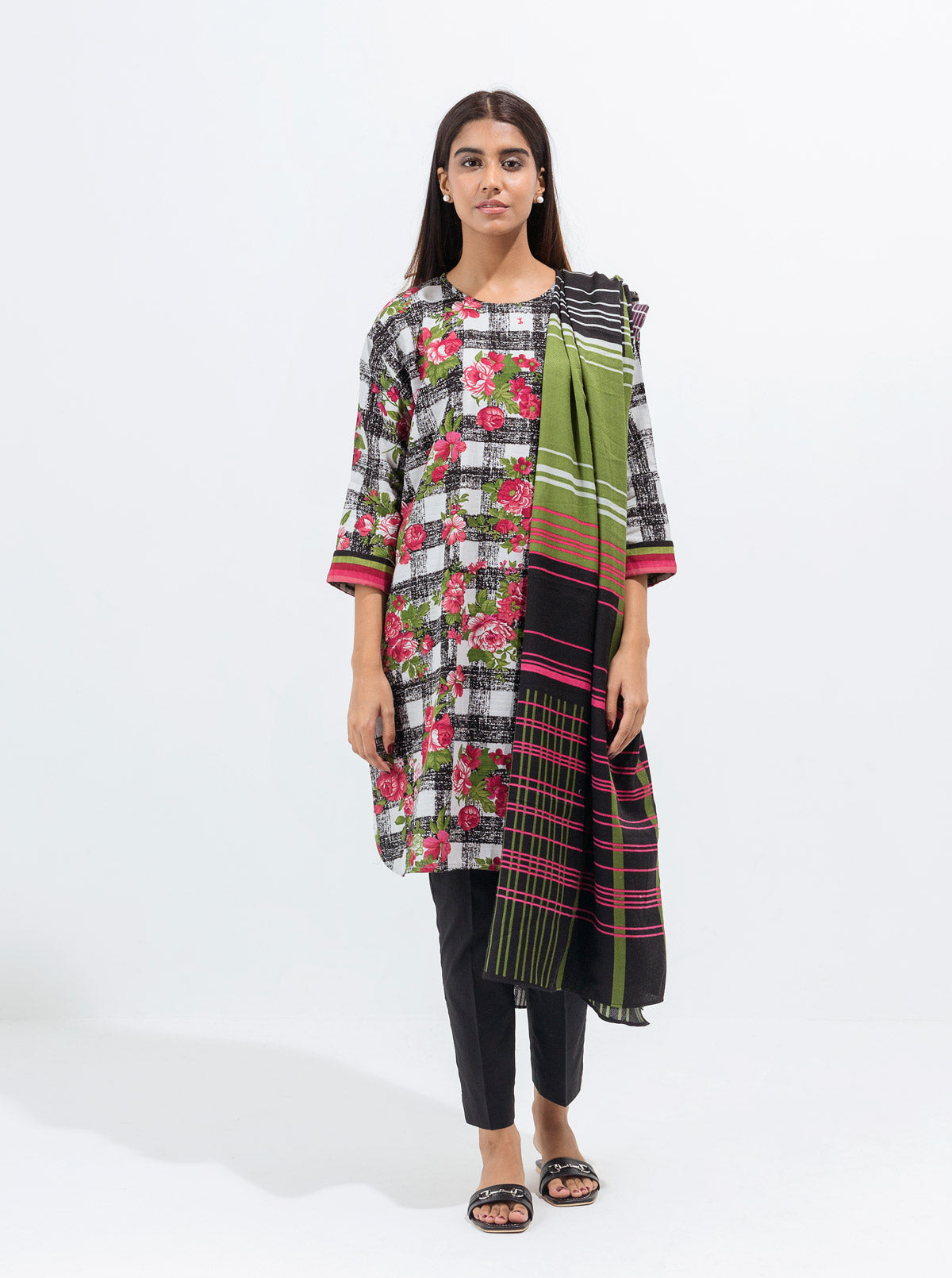 FLORAL GRID-PRINTED WITH SHAWL-3PBT1W21U72-MULTI-2000000177132-3P