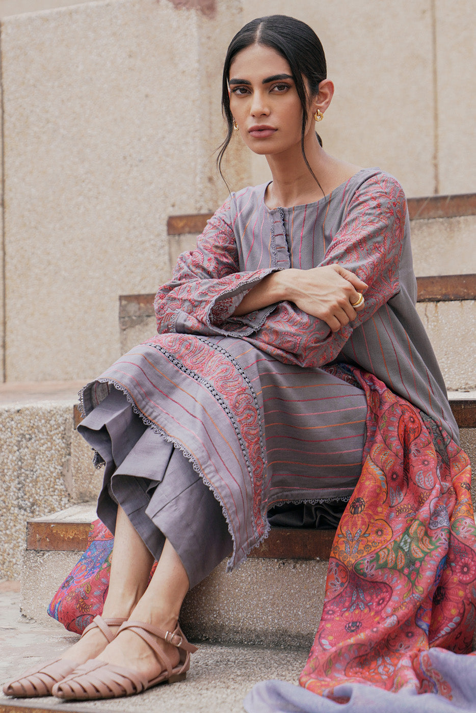 3 Piece - Embroidered Khaddar Suit - Afterglow Grey