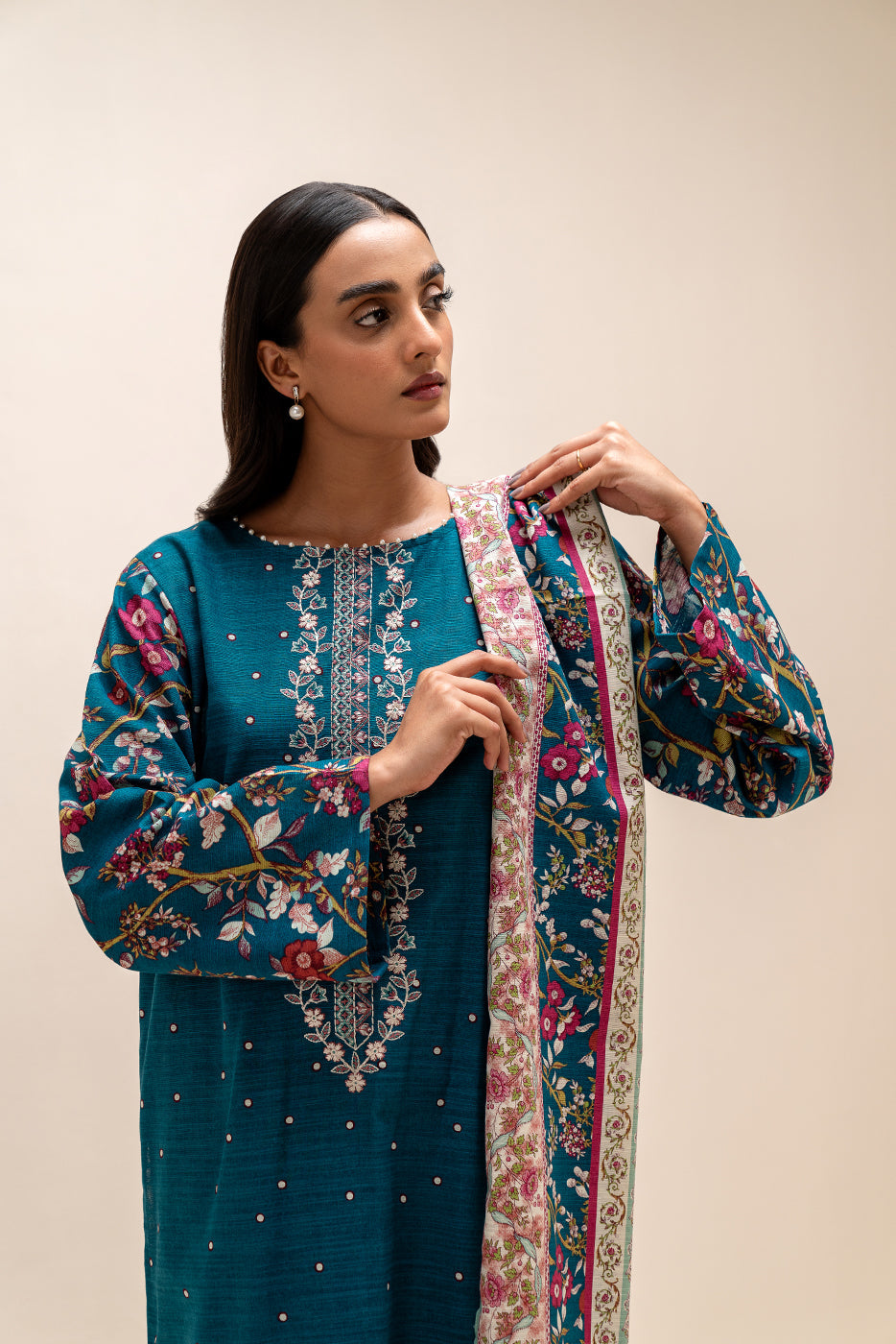 3 Piece Embroidered Khaddar Suit-Floret Azure (Unstitched)