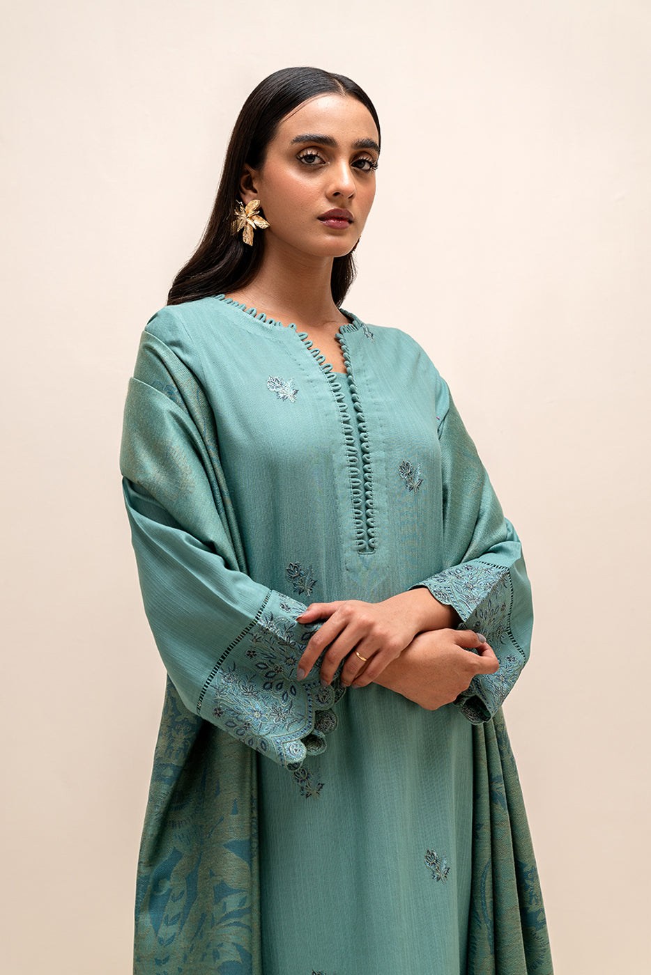 3 Piece Embroidered Khaddar Suit-Stone Grey (Unstitched)