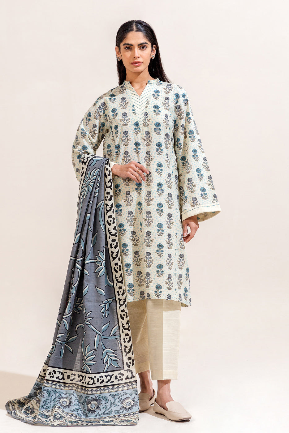 3 Piece Printed Khaddar Suit-Dove Grey (Unstitched)