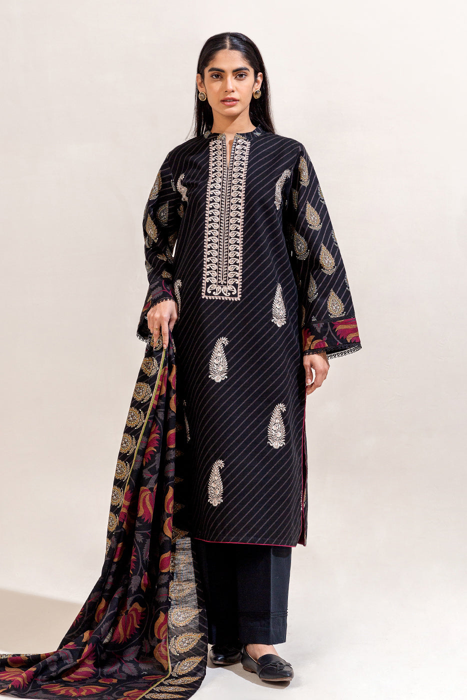 3 Piece Embroidered Khaddar Suit-Raven Noir (Unstitched)