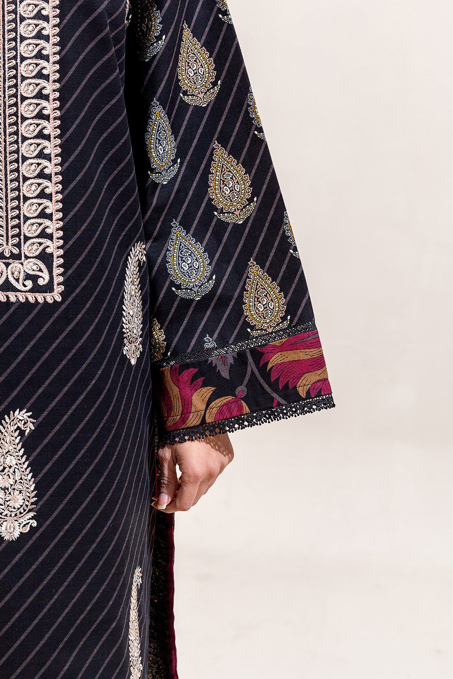 3 Piece Embroidered Khaddar Suit-Raven Noir (Unstitched)