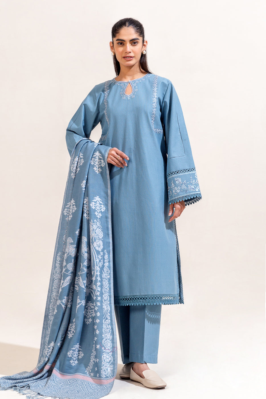 3 Piece Embroidered Khaddar Suit-Tender Blue (Unstitched)