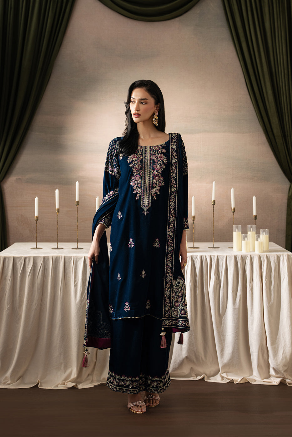 3 PIECE EMBROIDERED VELVET SUIT-IMPERIALIST SONG ( LUXURY UNSTITCHED )