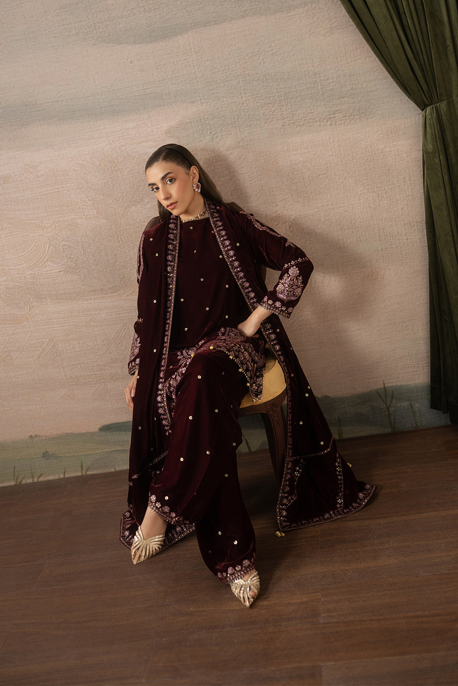 3 PIECE EMBROIDERED VELVET SUIT-FAUX FEMME ( LUXURY UNSTITCHED )