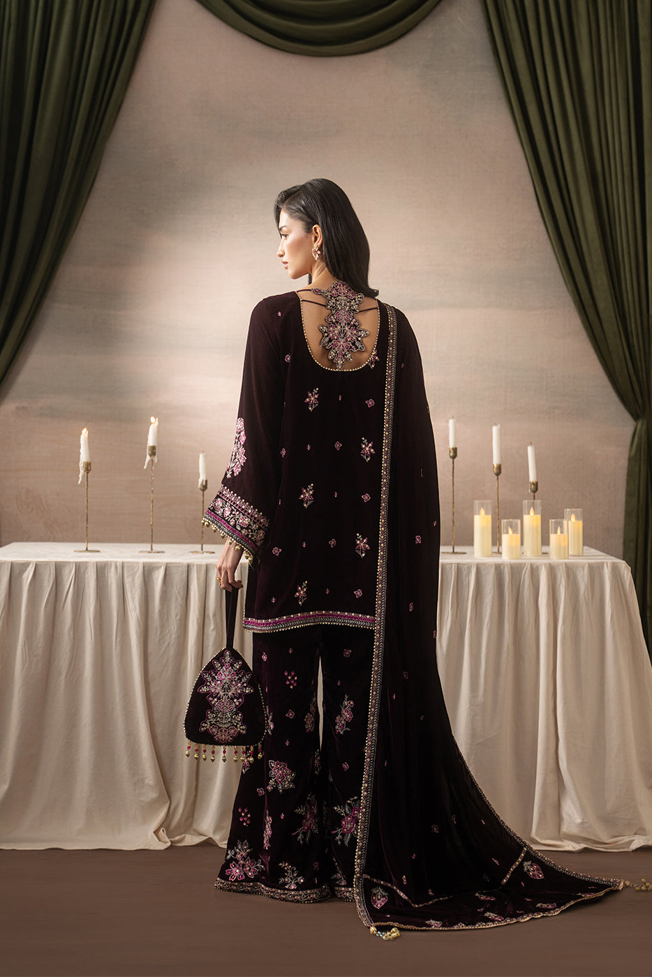 3 PIECE EMBROIDERED VELVET SUIT-DEEP INFERNO ( LUXURY UNSTITCHED )