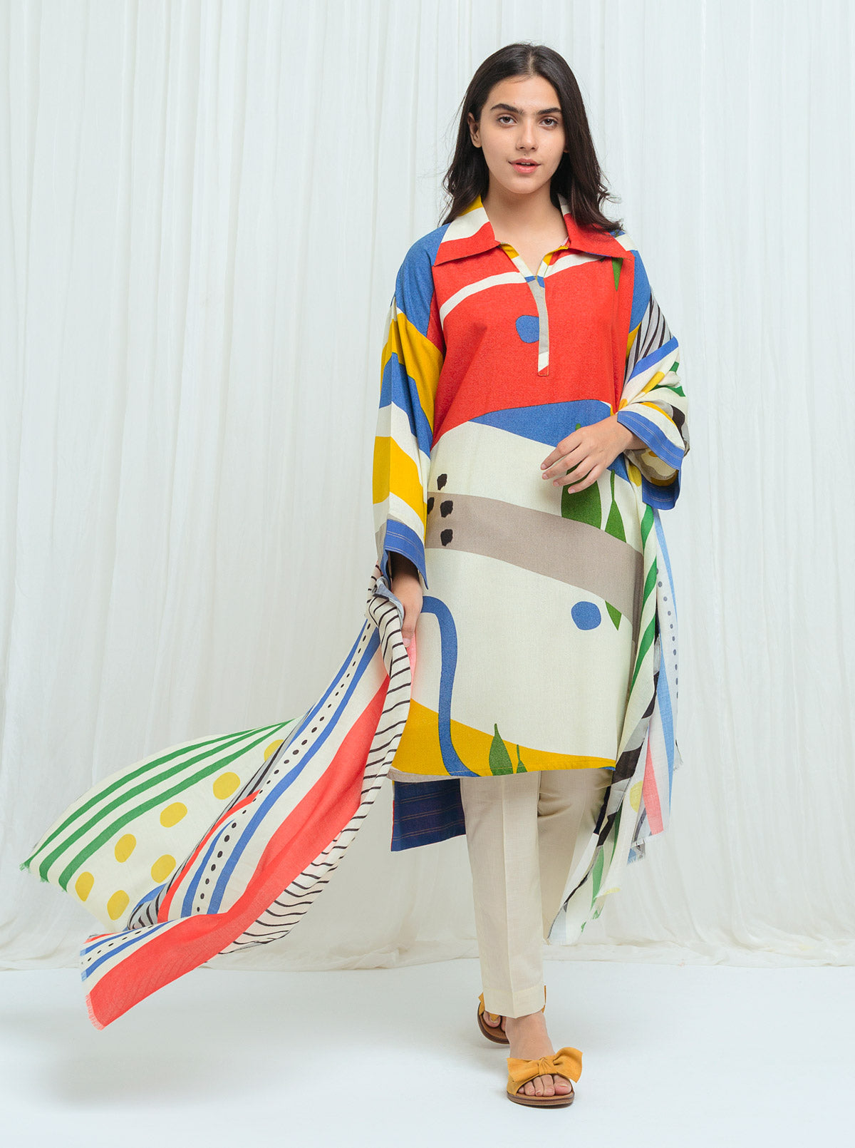 Minimalism Fusion With Printed Shawl - 3P
