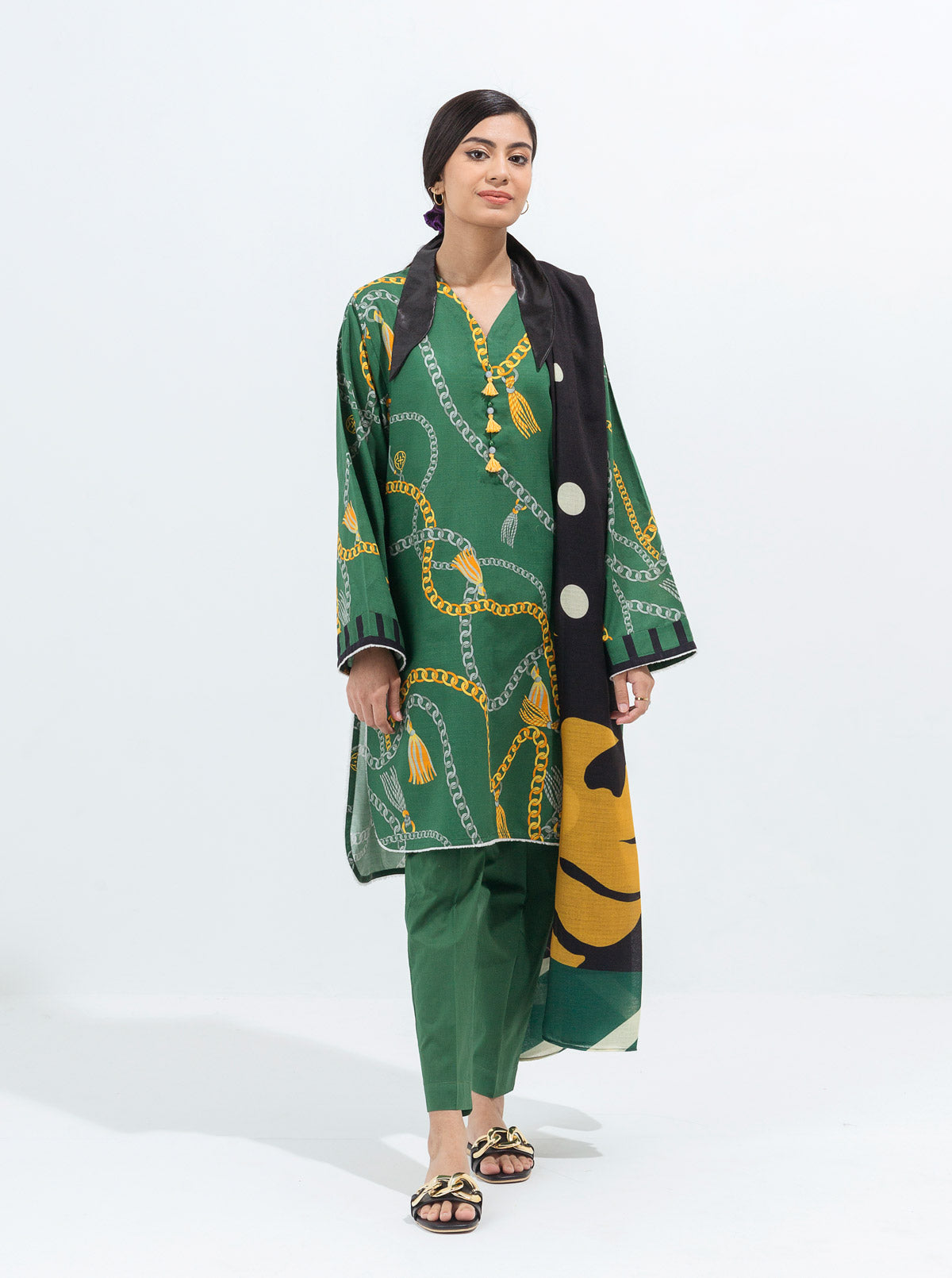 GREEN GLEAM-PRINTED WITH SHAWL-3PBT2W21U35-GREEN-2000000177474-3P