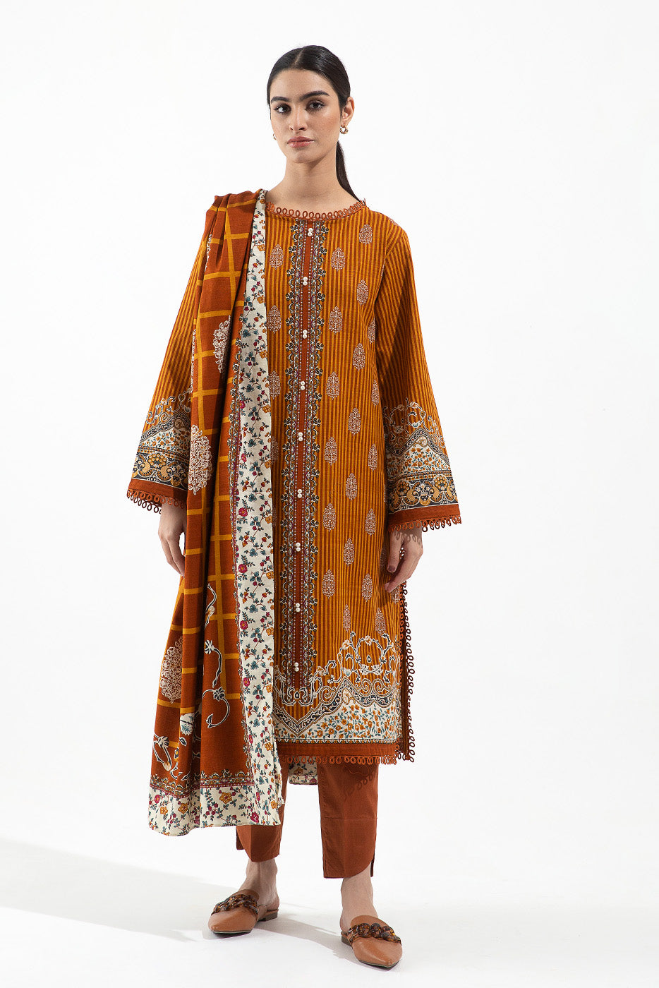 2 Piece - Printed Khaddar Suit - Quartz Mustard (Unstitched)