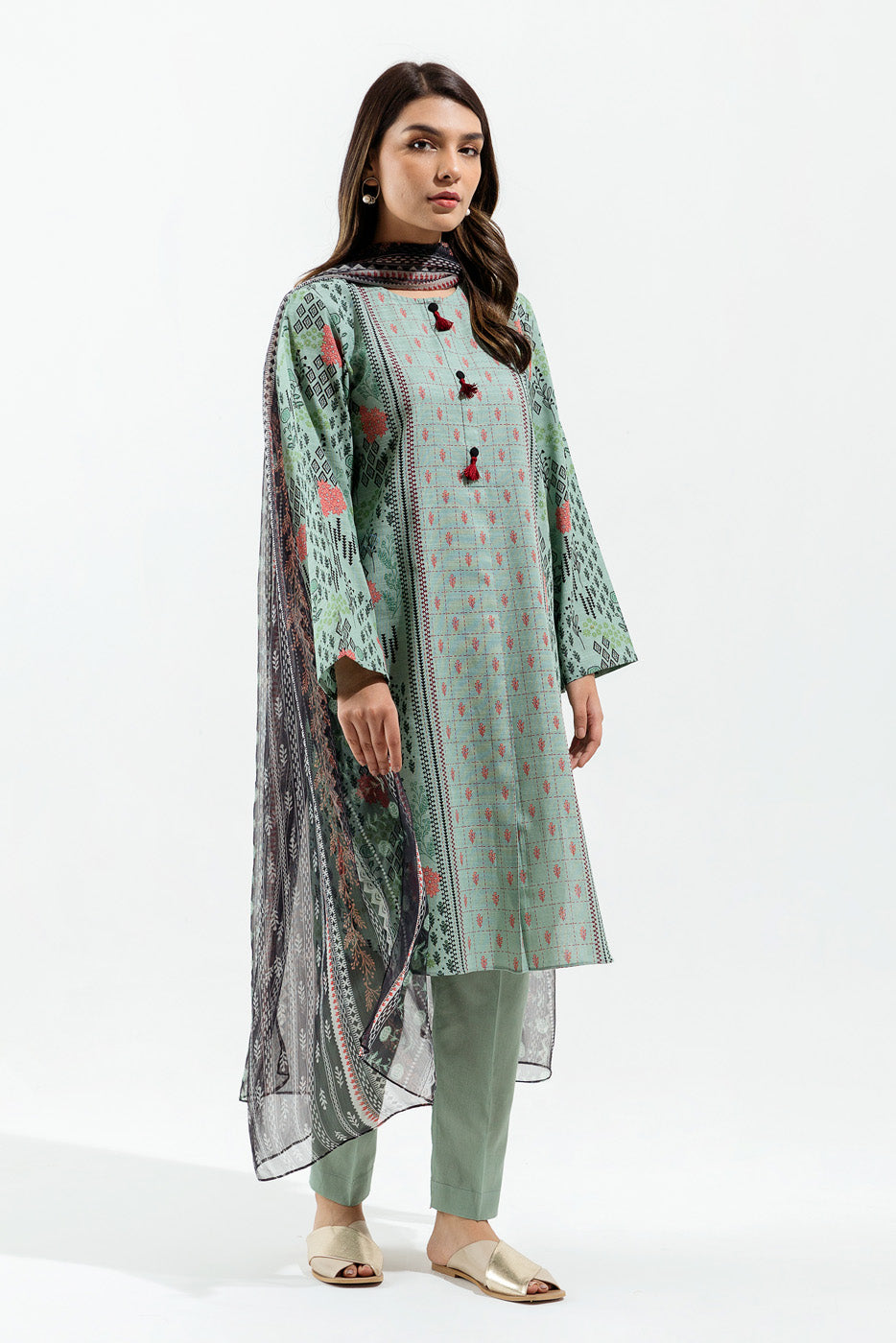 2 Piece - Printed Khaddar Suit - Mint Hint