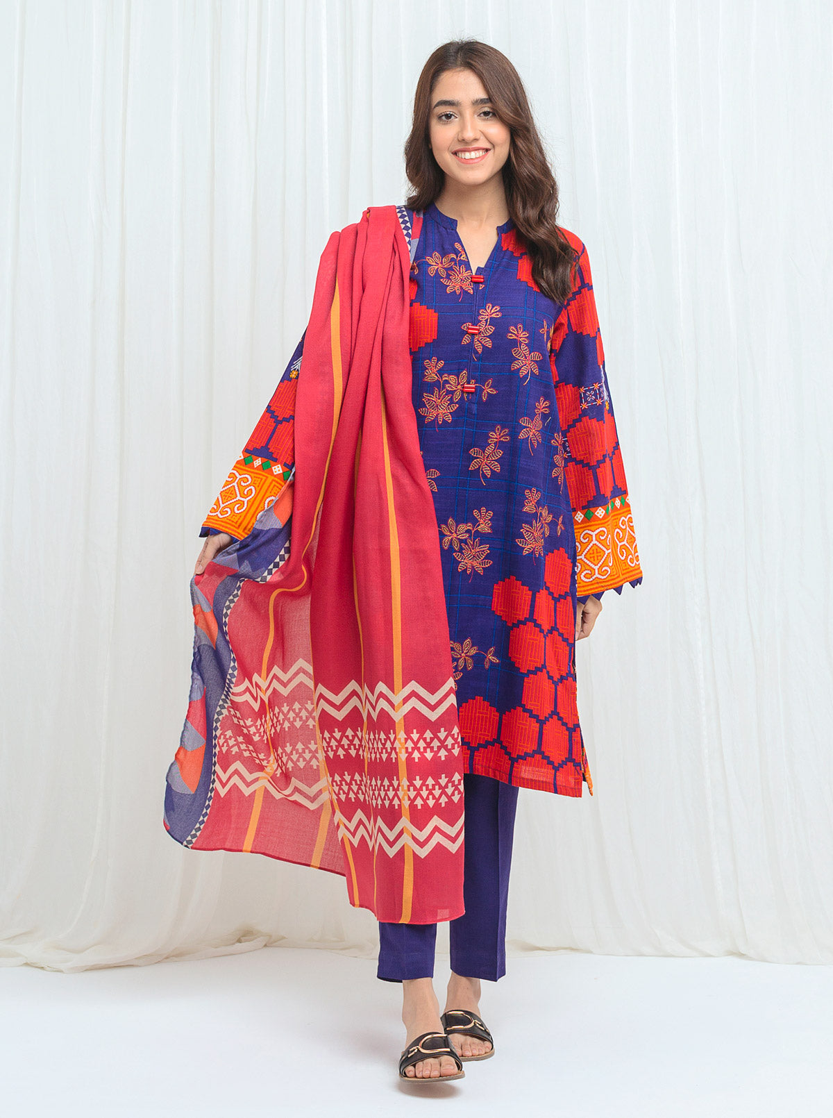 Blissful Blue With Printed Shawl - 3P