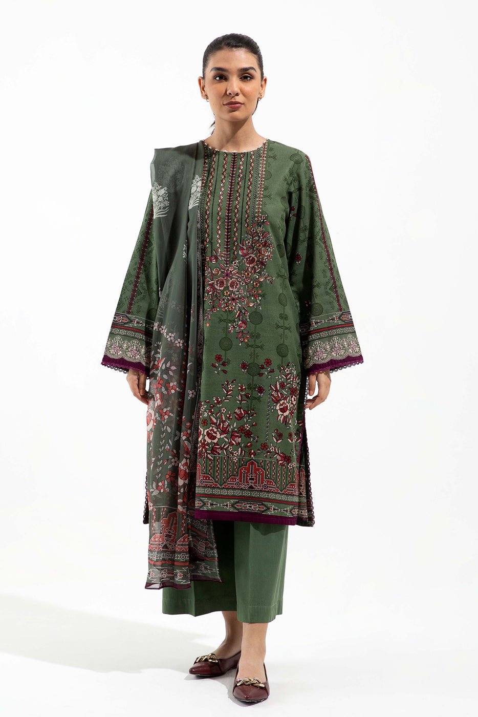 2 Piece - Embroidered Khaddar Suit - Floral Sage (Unstitched)