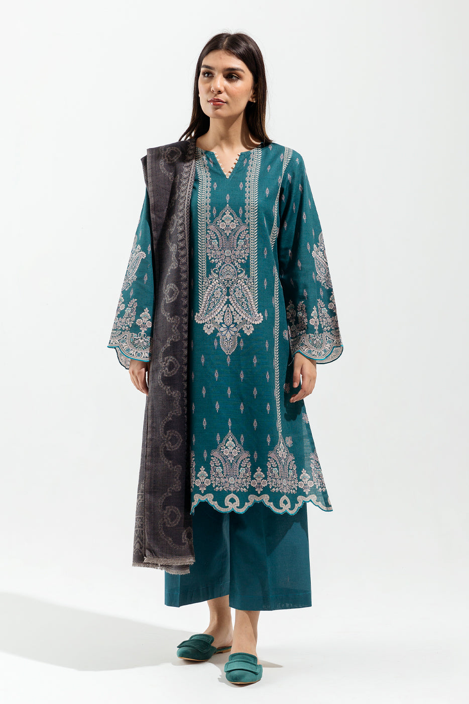 3 Piece - Printed With Shawl Khaddar Suit - Tealish Paisley