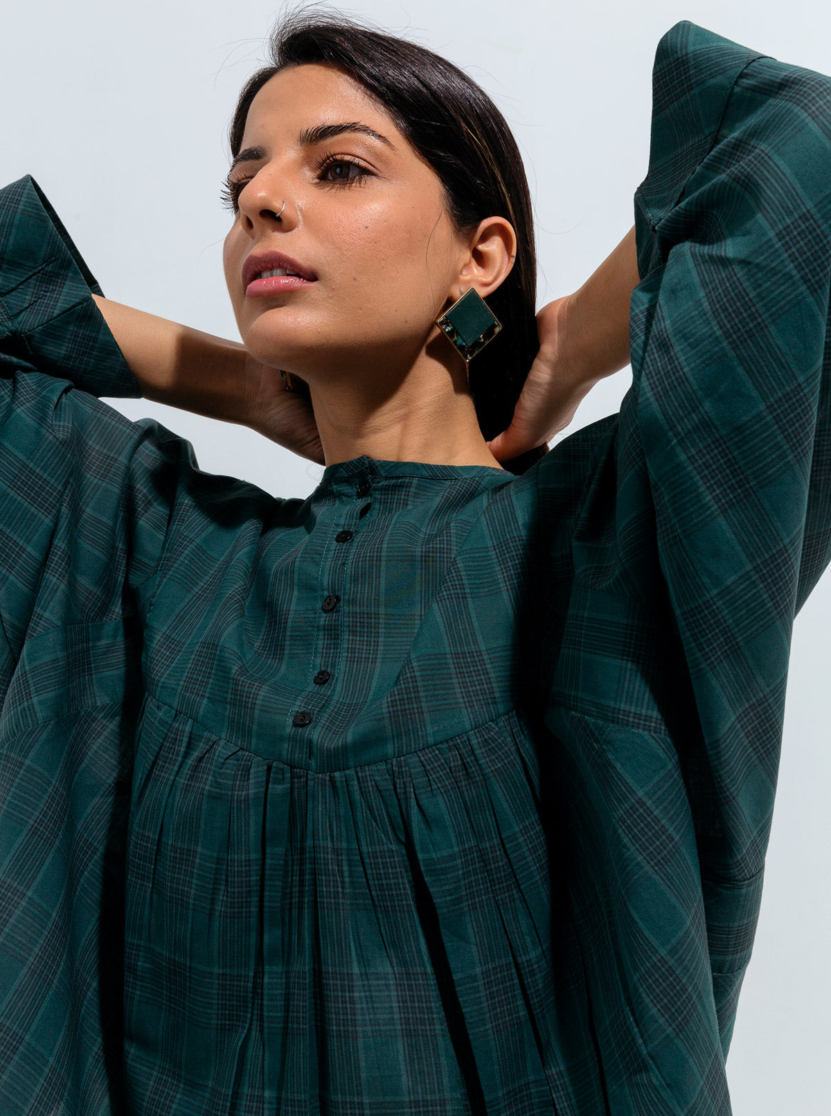 Green Check Gathered Top