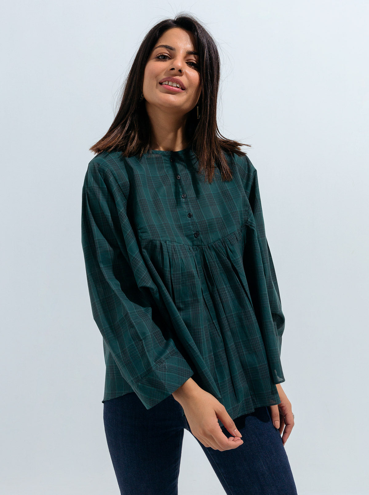 Green Check Gathered Top