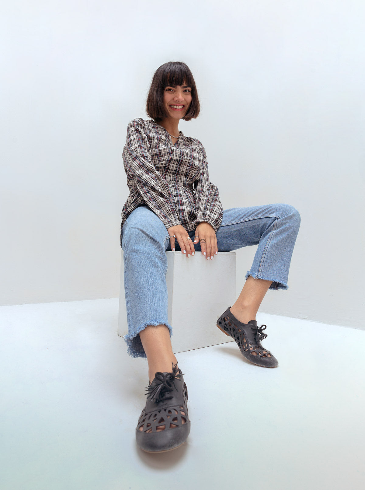 Dark Check Peplum Button Shirt