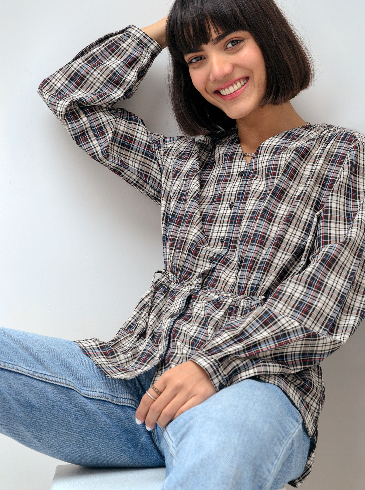 Dark Check Peplum Button Shirt