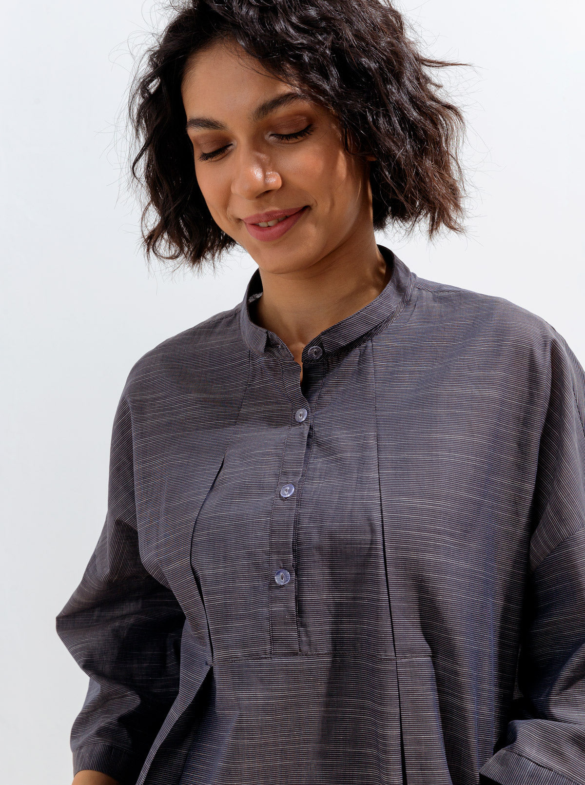 Navy Boxy Pleated Collar Top