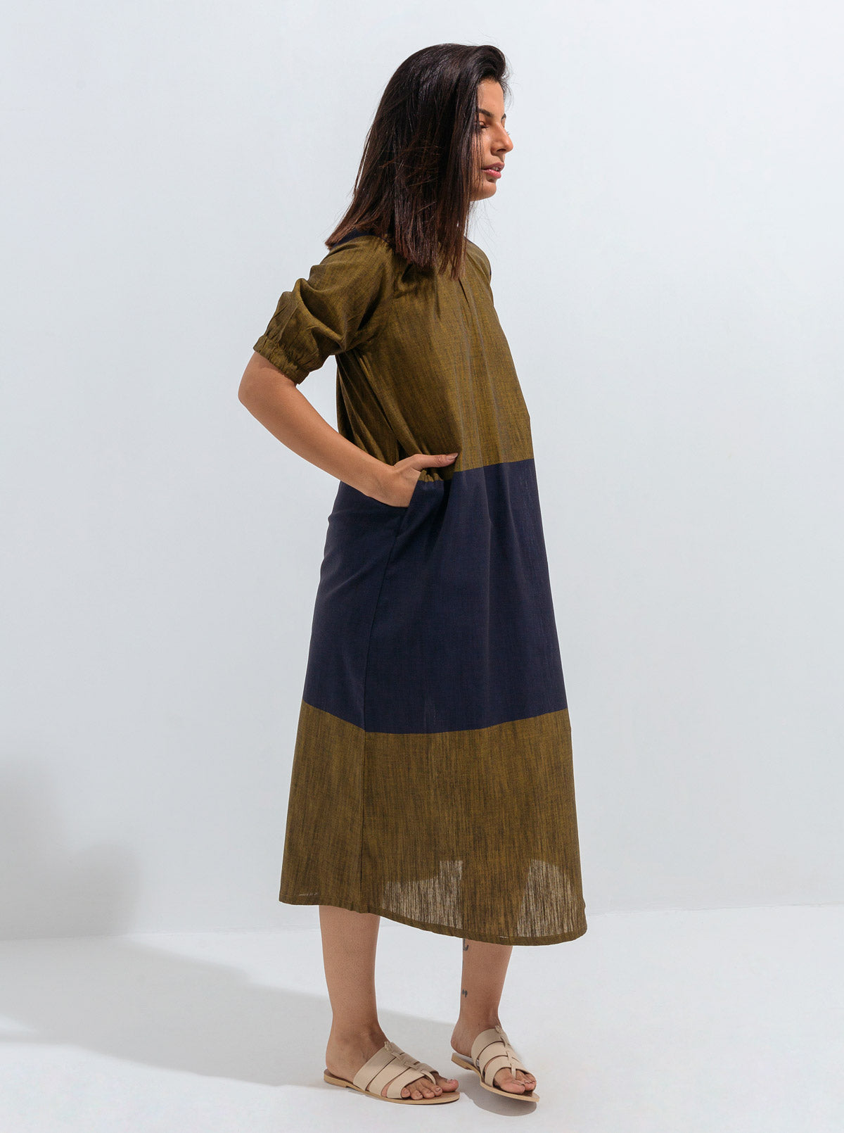 Smocked Neckline Striped Dress