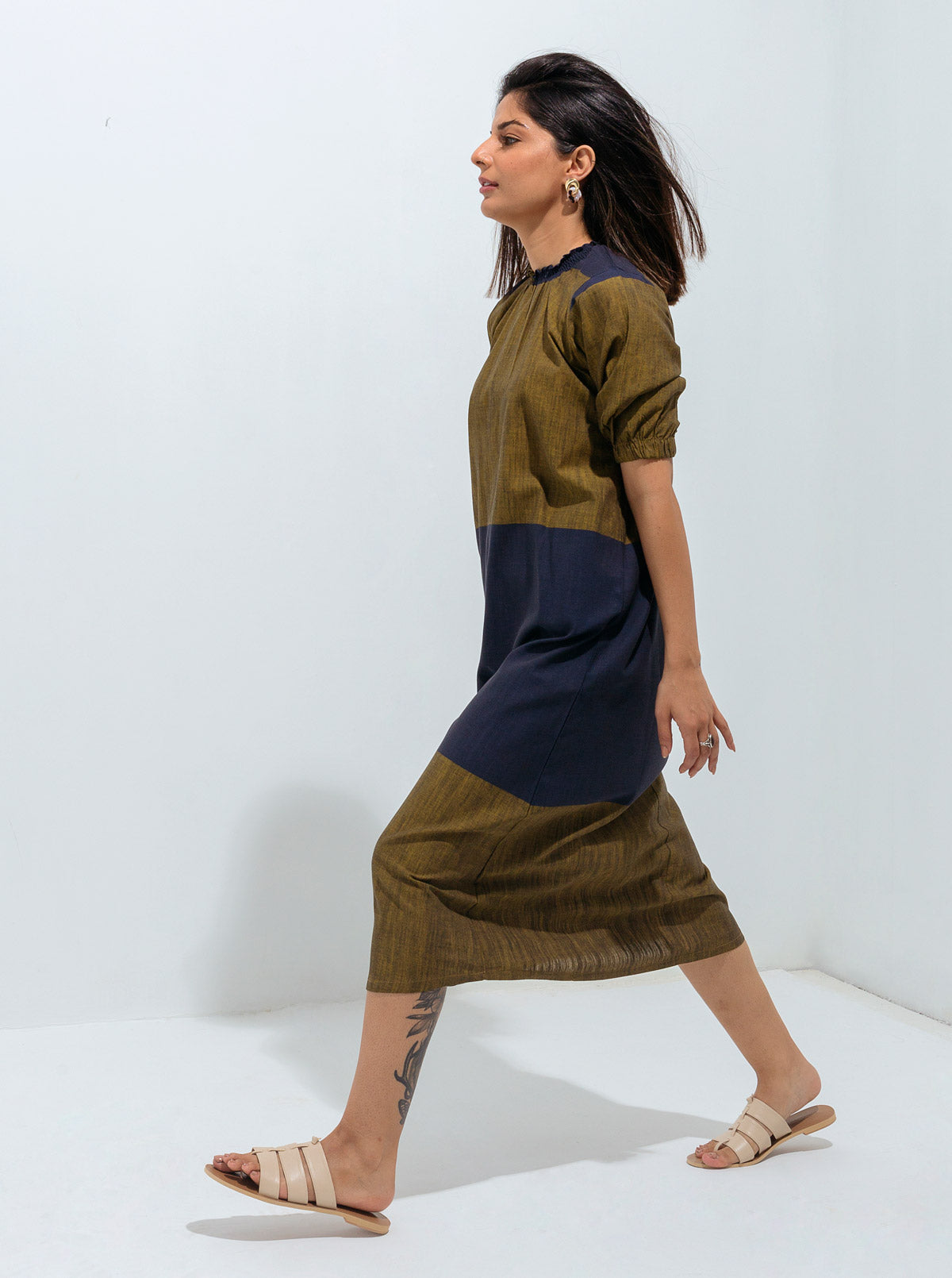Smocked Neckline Striped Dress