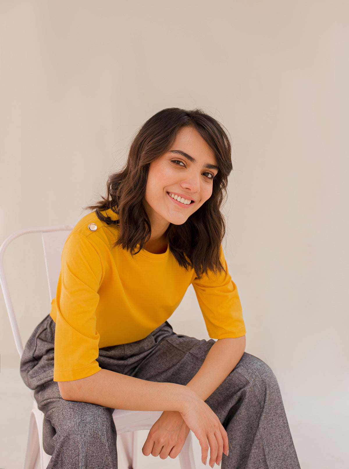 Yellow Metallic Button T-Shirt