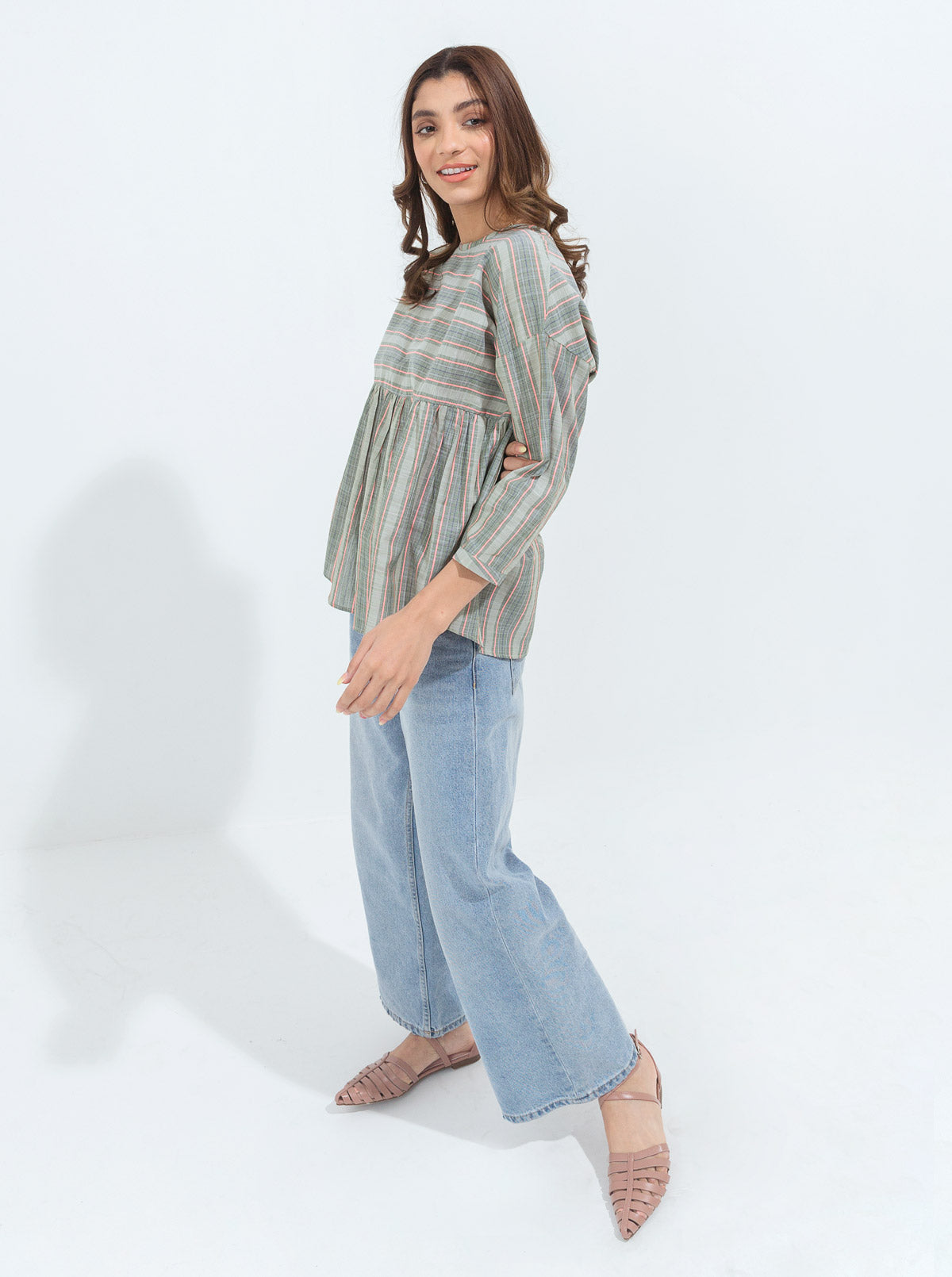 Green Striped Peplum Top