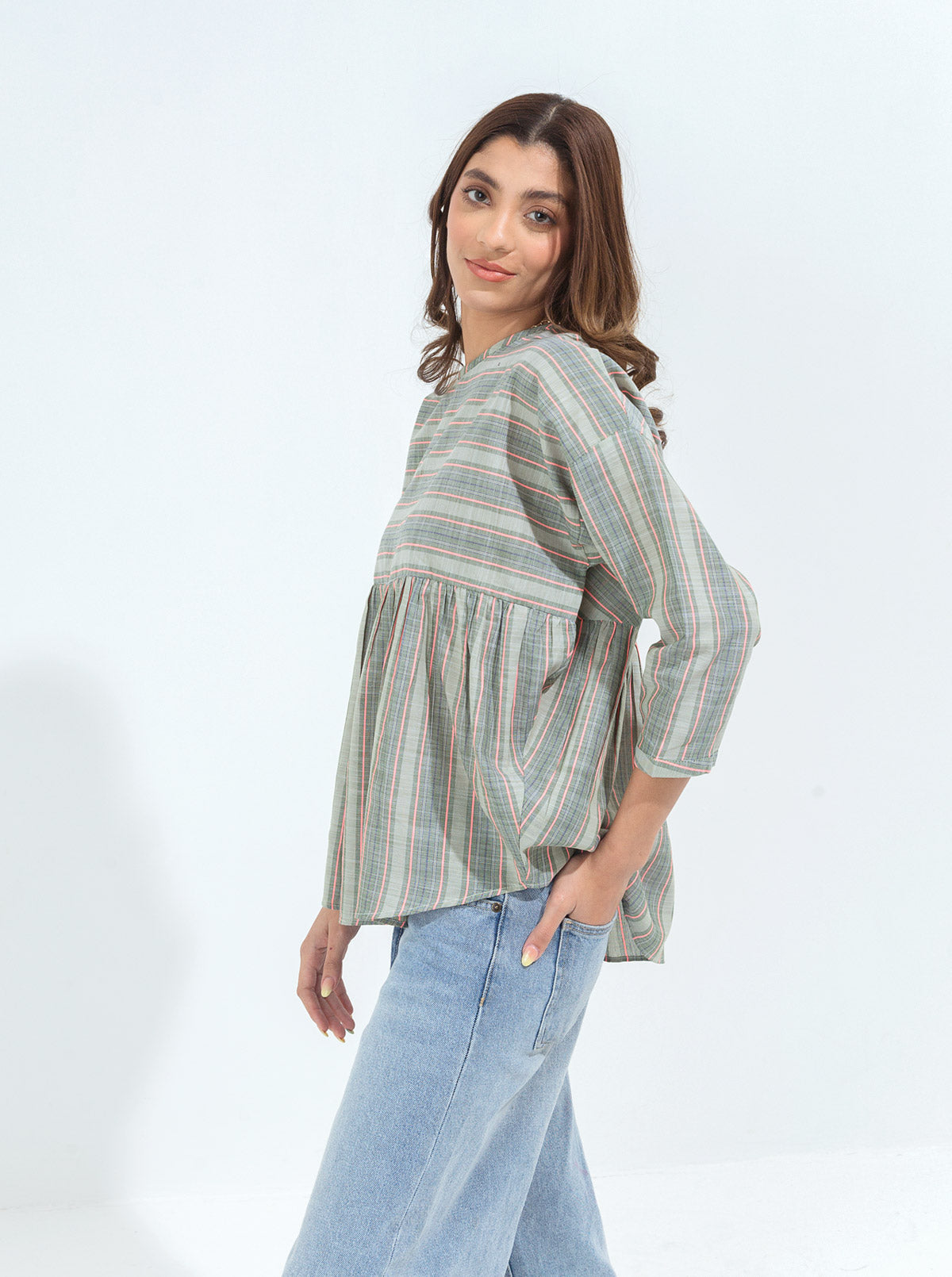 Green Striped Peplum Top