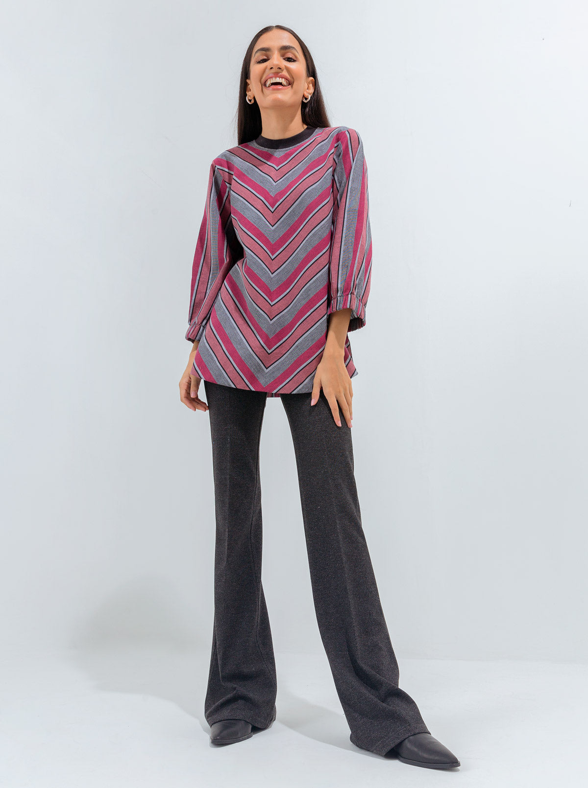 Grey Pink Striped Rib Top