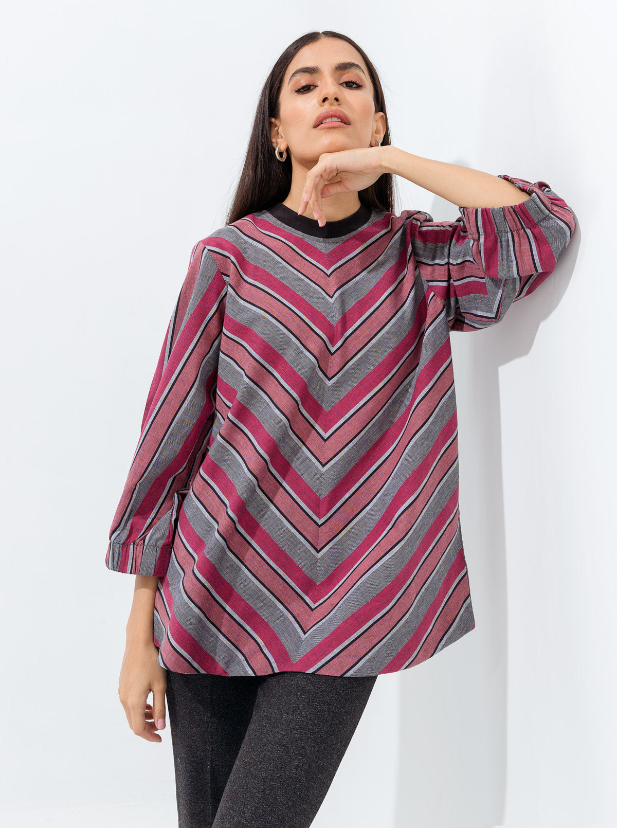 Grey Pink Striped Rib Top