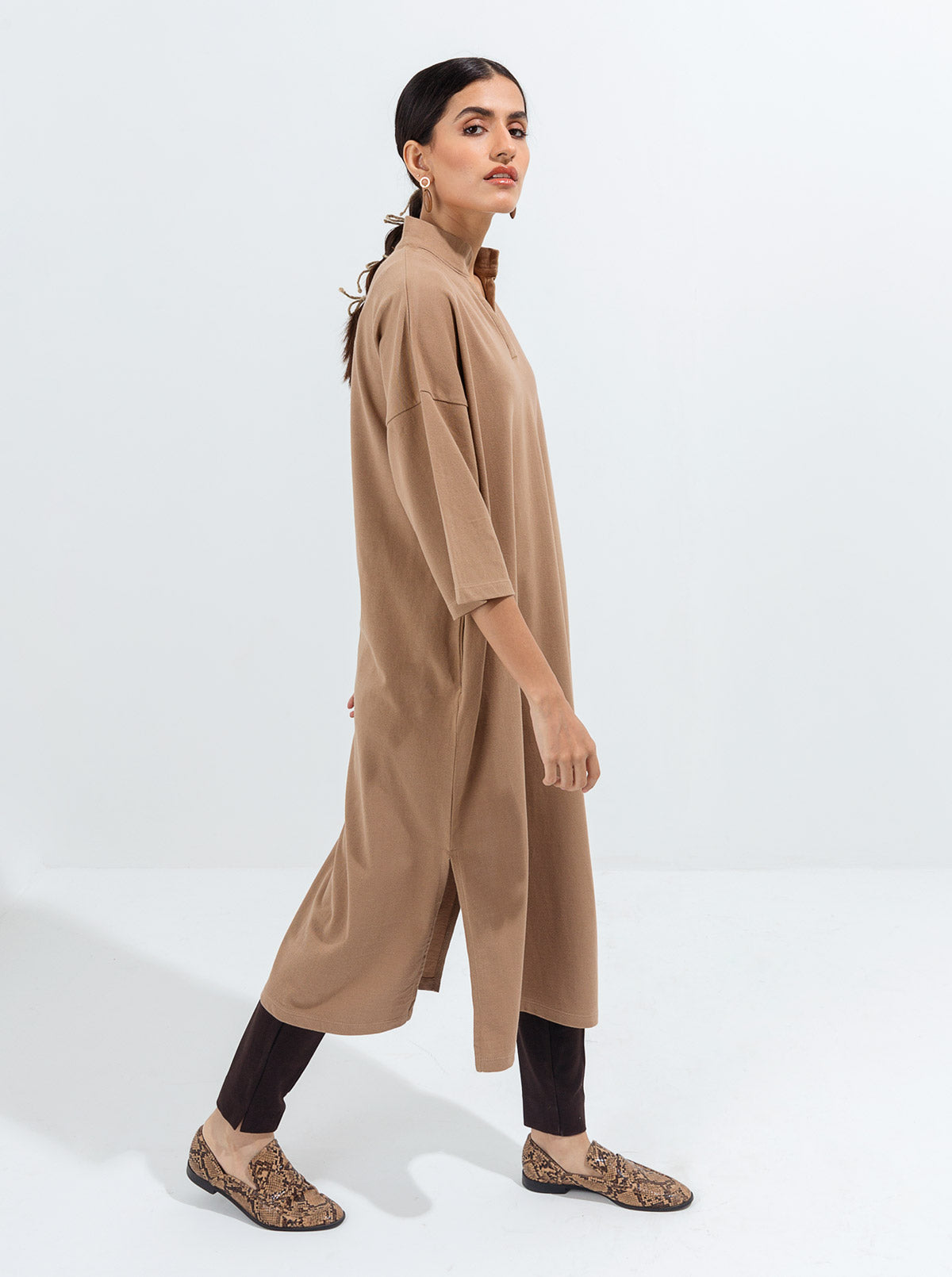 Tan Textured Knit Long Tunic