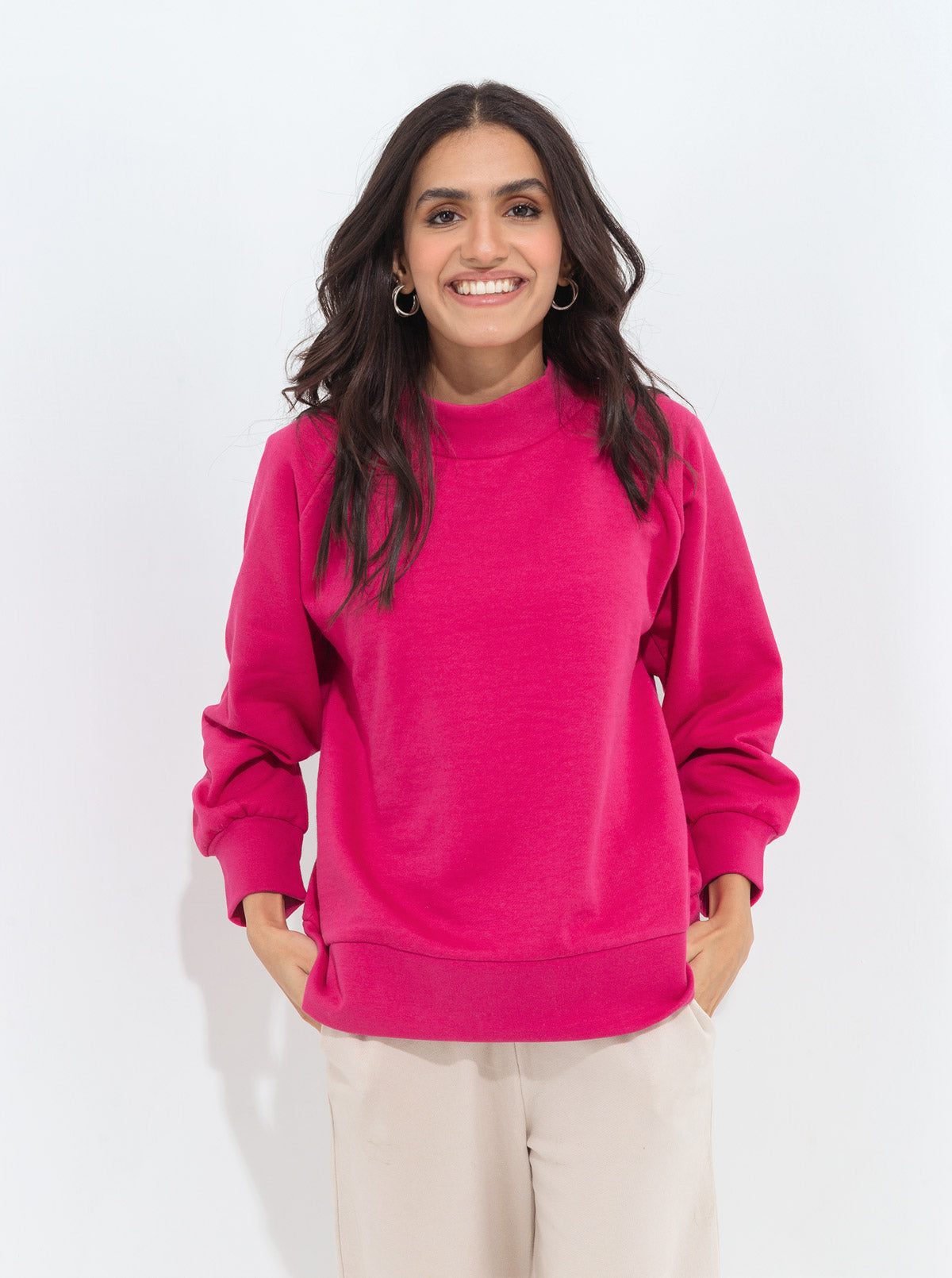 Hot Pink Raglan Sleeve Fleece Sweatshirt
