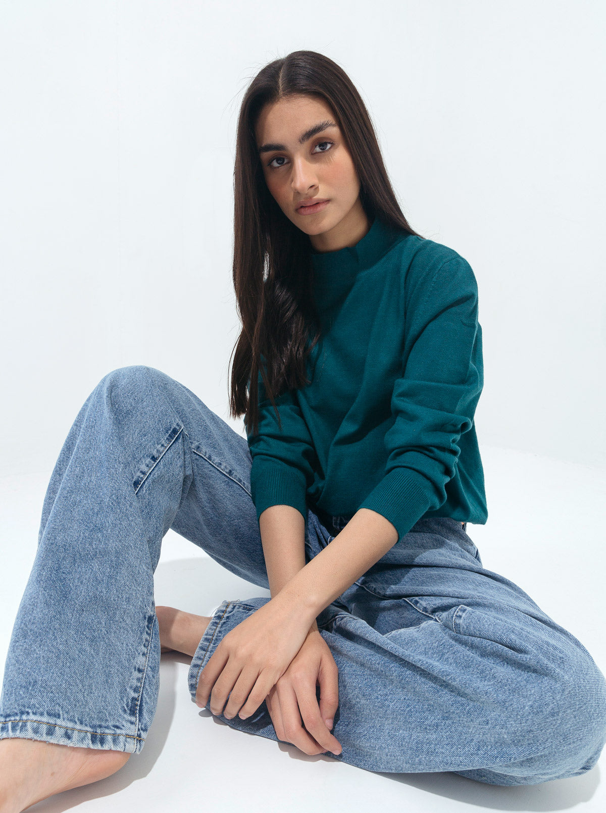 TURQUOISE FINE KNIT PULLOVER