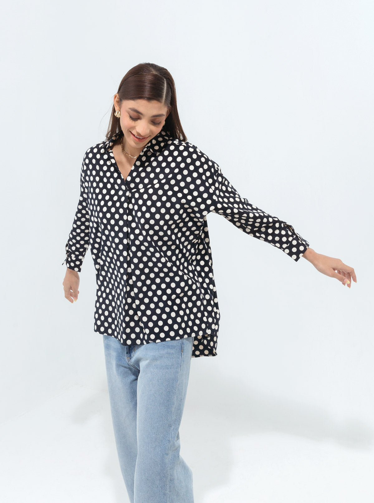 Polka Dotted Corduroy Collar Shirt