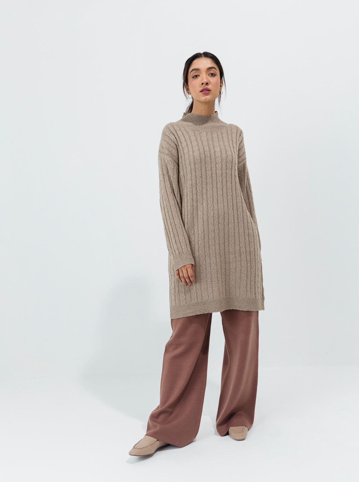 Beige Cable Knit Long Pullover