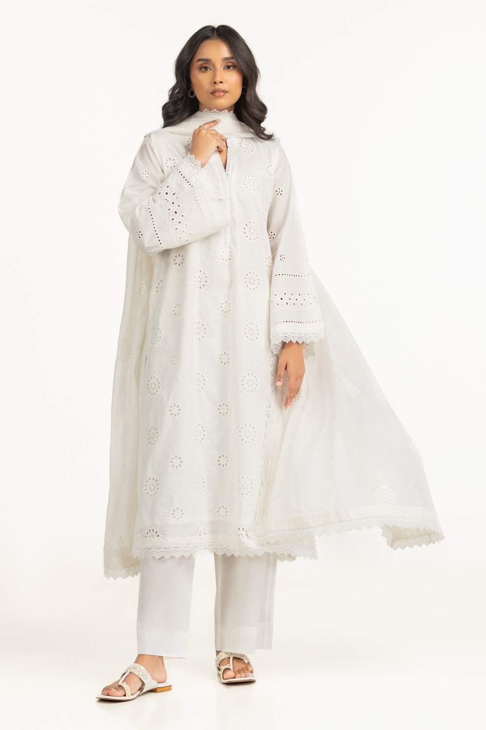 Cambric Schiffli Embroidered Shirt And Dupatta