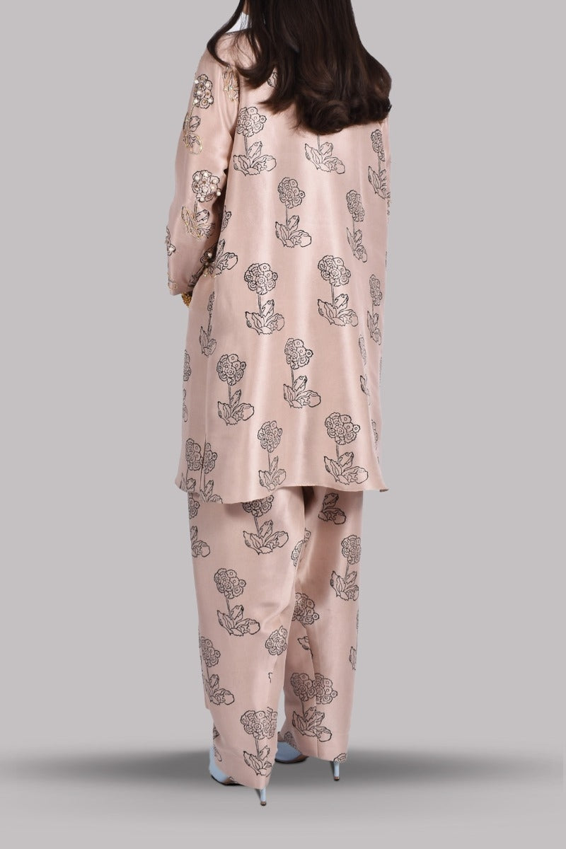Cameo Rose Block Print Embellished Raw Silk Tunic Set