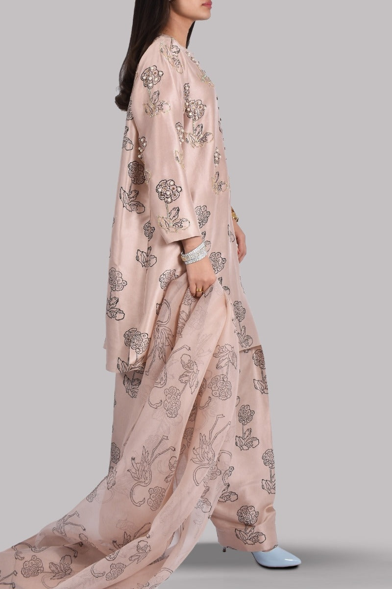 Cameo Rose Block Print Embellished Raw Silk Tunic Set