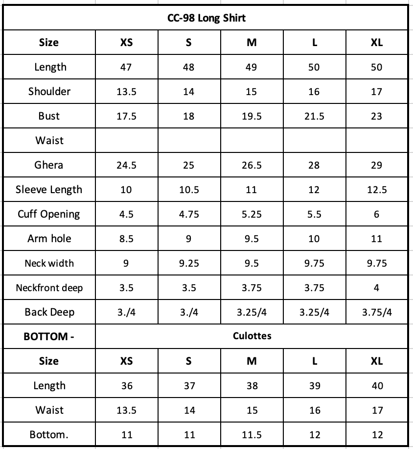 Size Chart (inches)