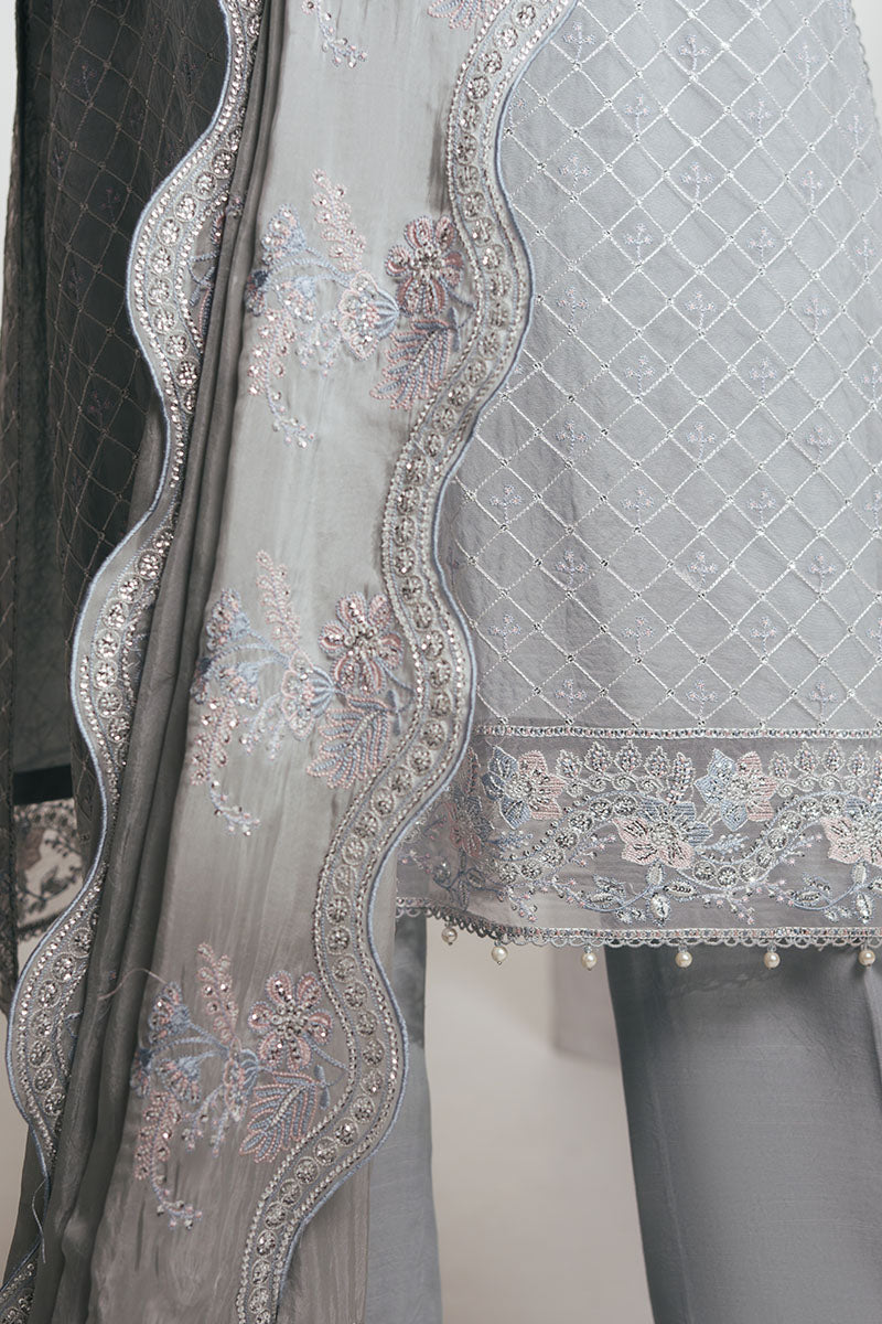 SILVER MOONLIGHT-4PC EMBROIDERED ORGANZA SUIT