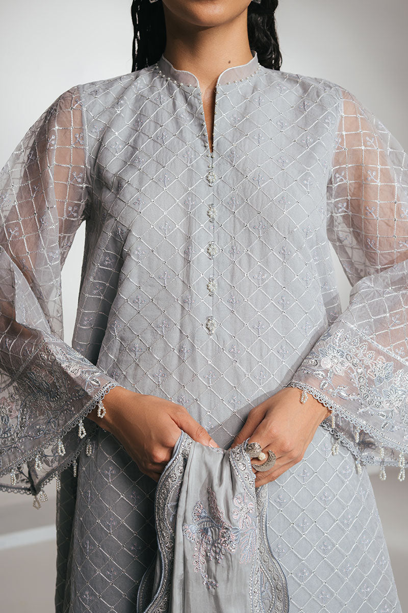 SILVER MOONLIGHT-4PC EMBROIDERED ORGANZA SUIT