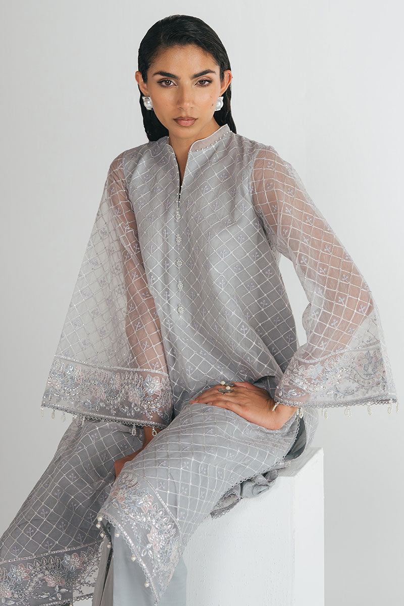 SILVER MOONLIGHT-4PC EMBROIDERED ORGANZA SUIT